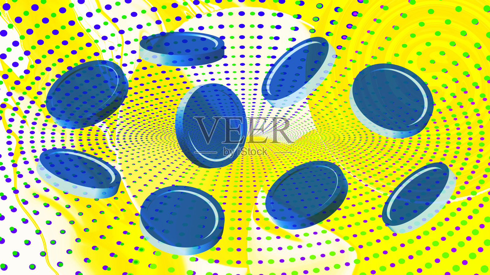 黄色白色纹理艺术故障背景上的蓝色圆形光盘。霓虹灯。背景星系。数字的钱。非功能性测试卡。Metaverse横幅。科技，梦幻空间。区块链网络。点线。虚拟现实。医学插画图片素材