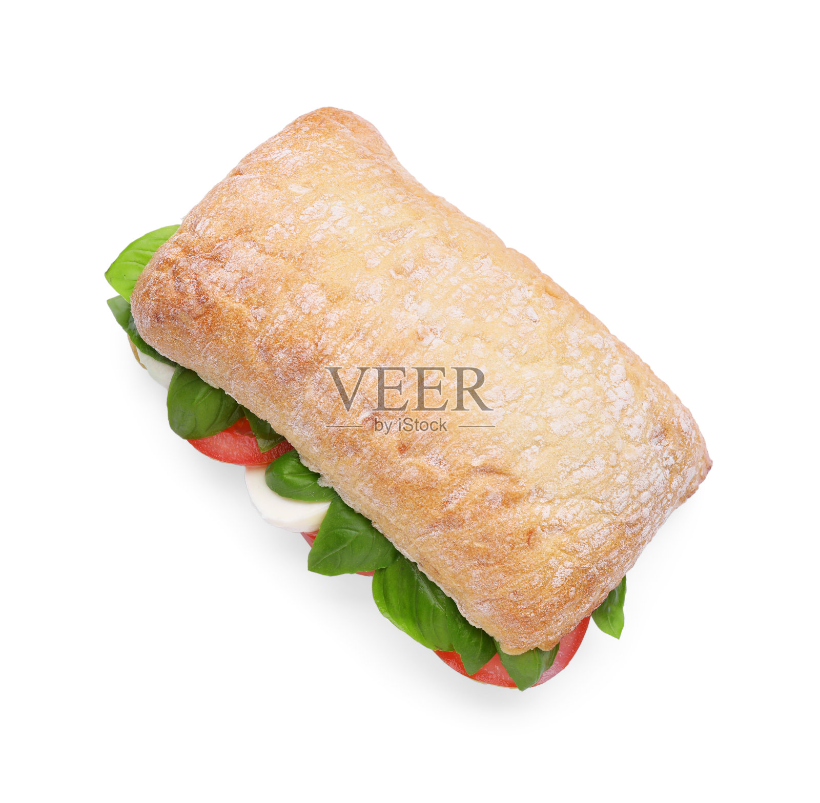 美味的卡普里斯三明治，奶酪，西红柿和罗勒隔离在白色，俯视图照片摄影图片