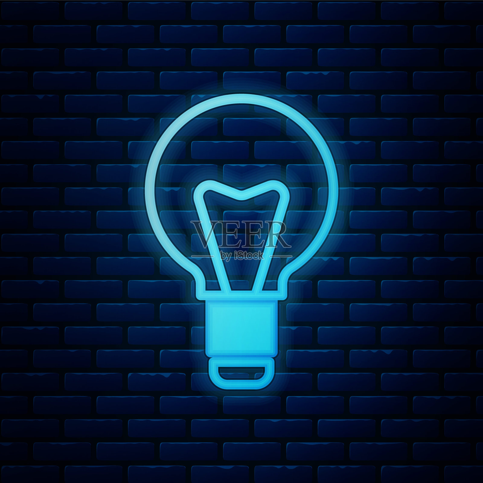 发光的霓虹灯灯泡与概念的想法图标孤立的砖墙背景。能量和思想的象征。灵感的概念。向量插画图片素材