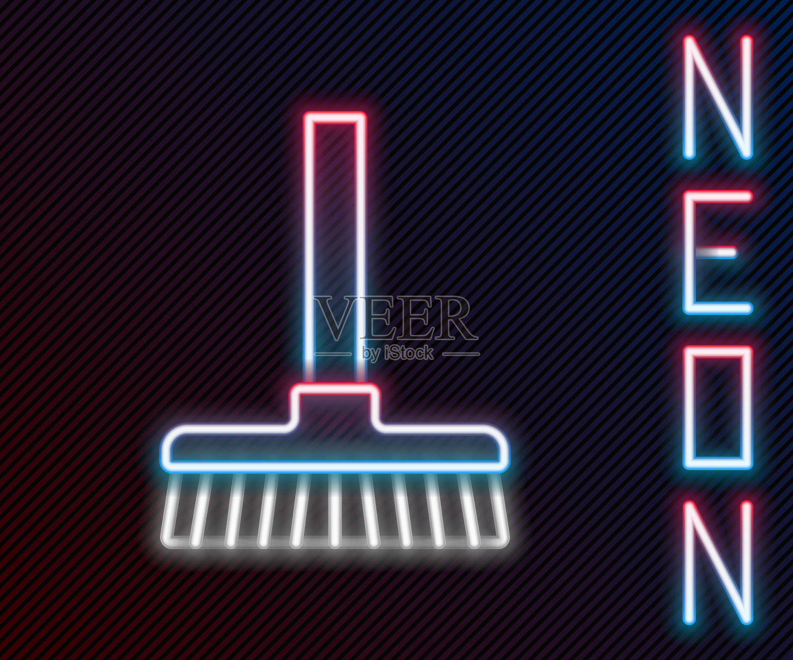 发光的霓虹灯线处理扫帚图标孤立的黑色背景。清洁服务理念。色彩缤纷的轮廓概念。向量插画图片素材