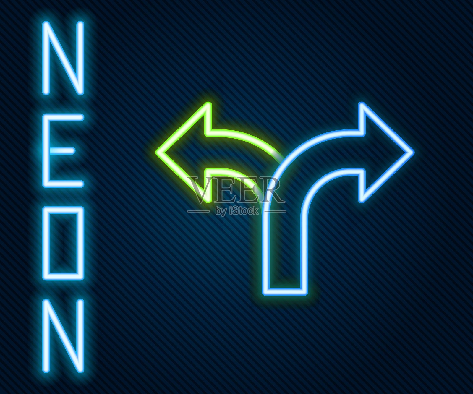 发光的霓虹灯线道路交通标志。在黑色背景上孤立的路标图标。指针的象征。孤立的街道信息标志。方向的信号。色彩缤纷的轮廓概念。向量插画图片素材