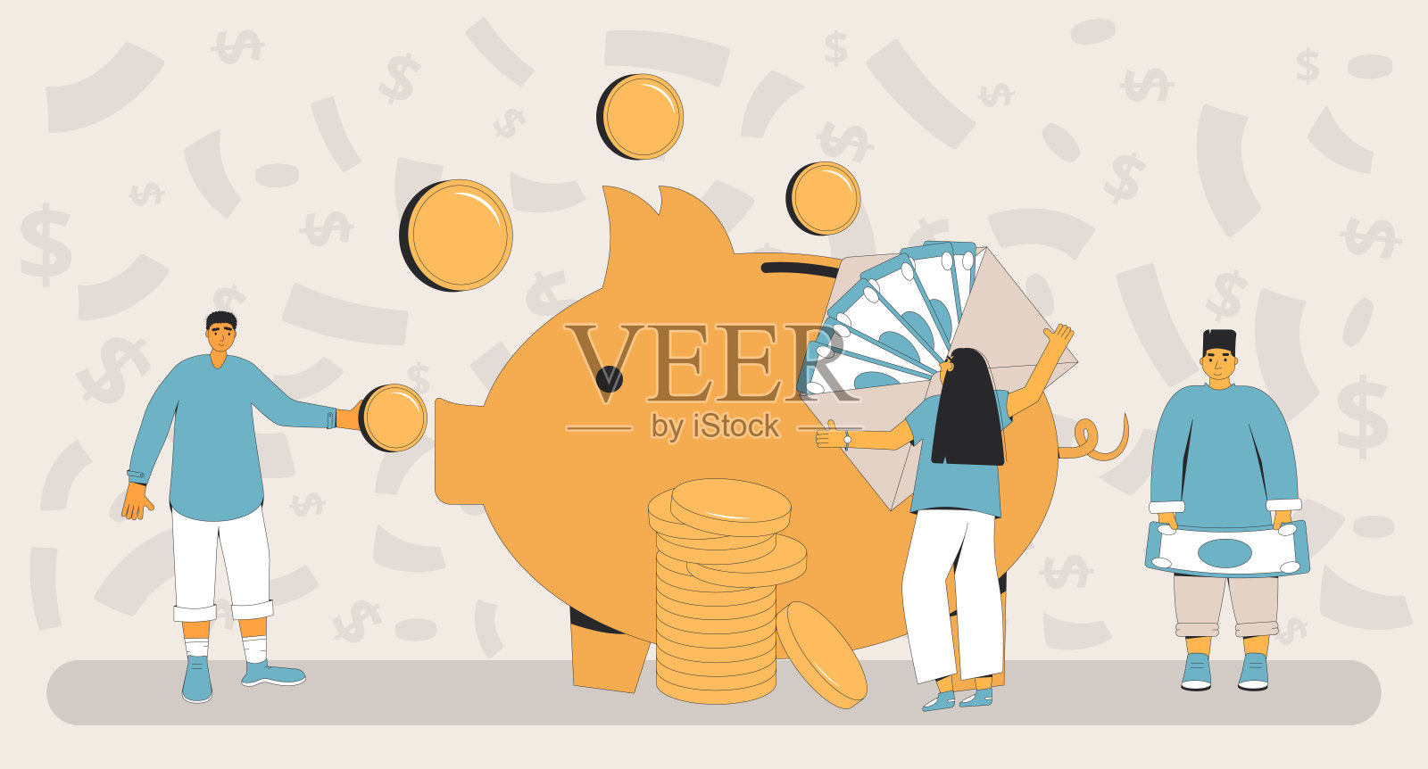 省钱。人们站在储蓄罐周围，装满硬币和钞票。Moneybox。家庭预算。插画图片素材