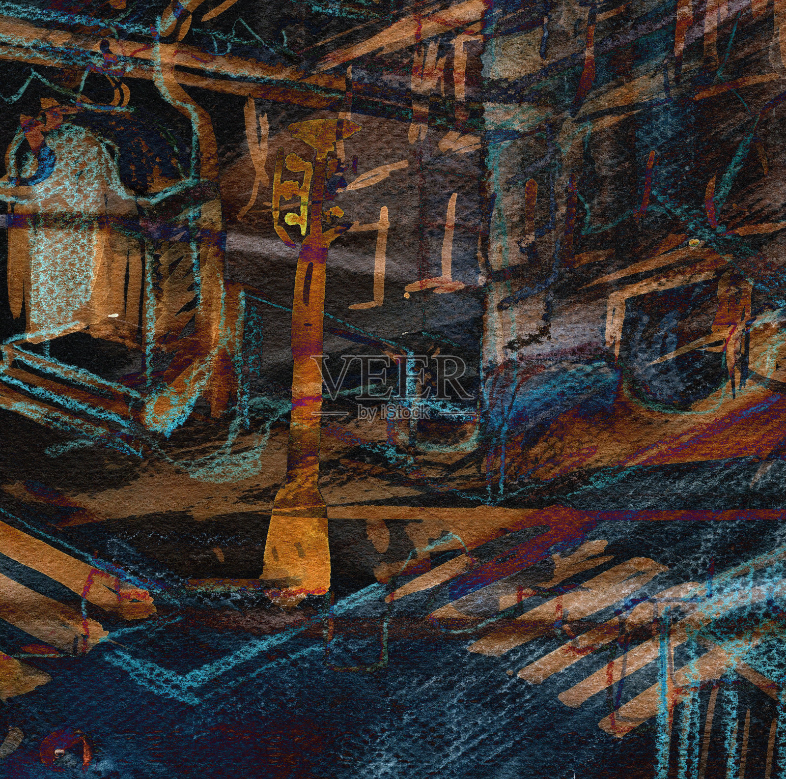 前卫抽象的城市景观。蒸汽朋克色彩表现绘画令人不安的背景插画图片素材