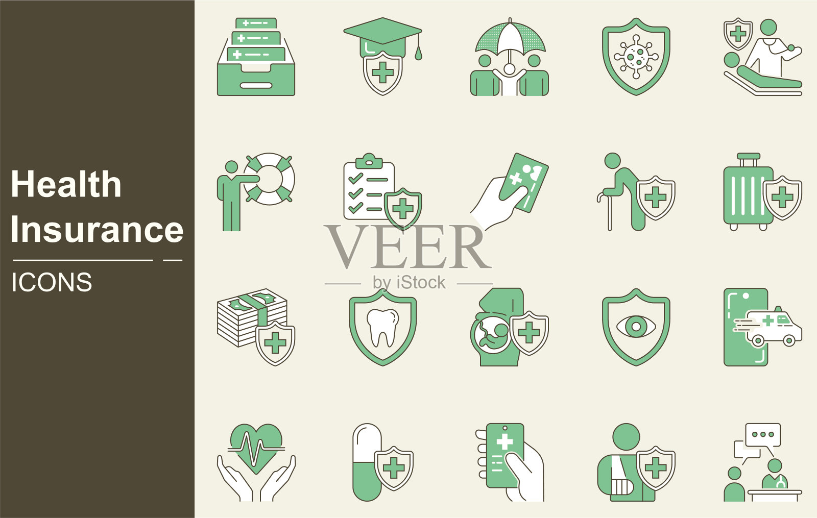 健康保险图标集。保险代理，雨伞，人寿保险，家庭保险，汽车保险，旅游保险，救护车，医疗保险，意外，疾病，家庭，保险卡，医疗插画图片素材