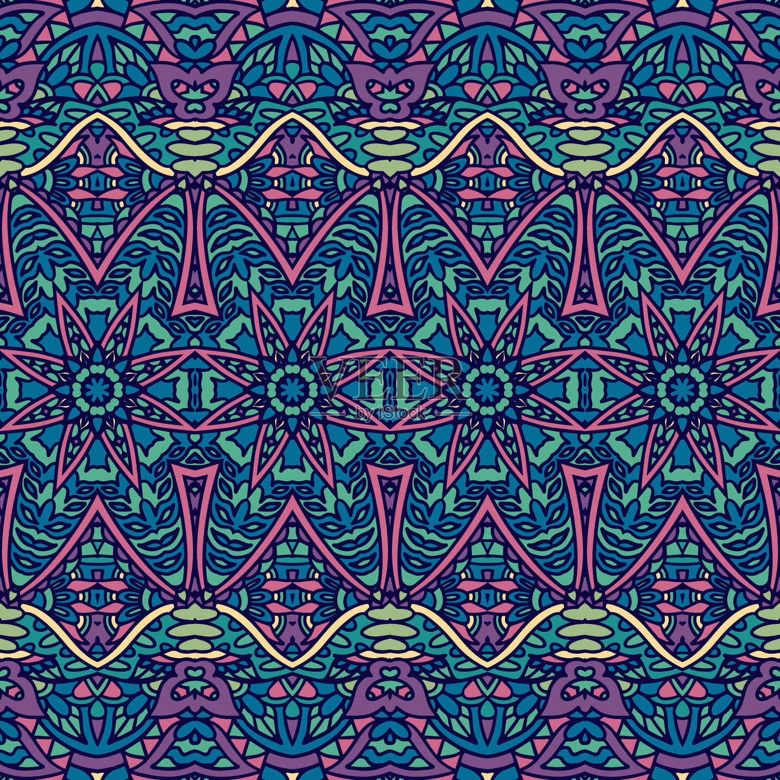 波西米亚重复背景纹理无缝图案矢量。波西米亚装饰涂鸦阿拉伯式设计。插画图片素材