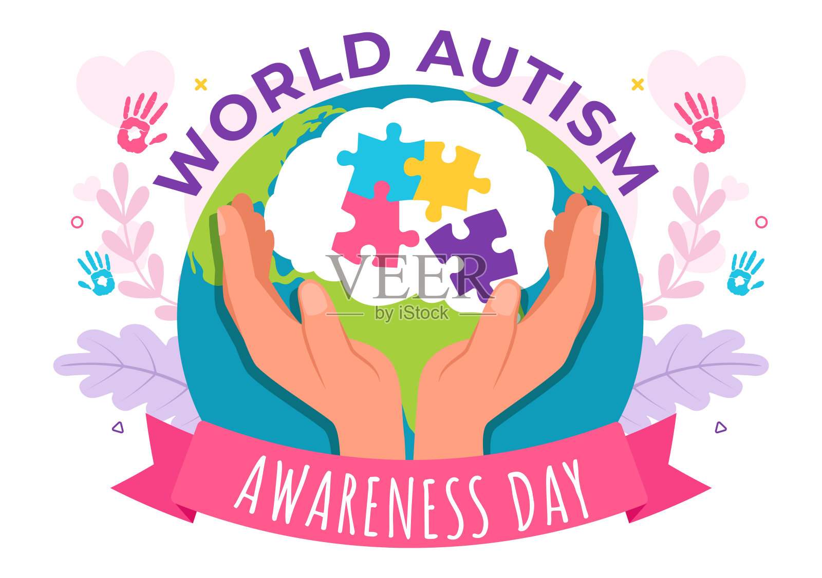 世界自闭症日拼图丝带医疗背景矢量插画插画图片素材