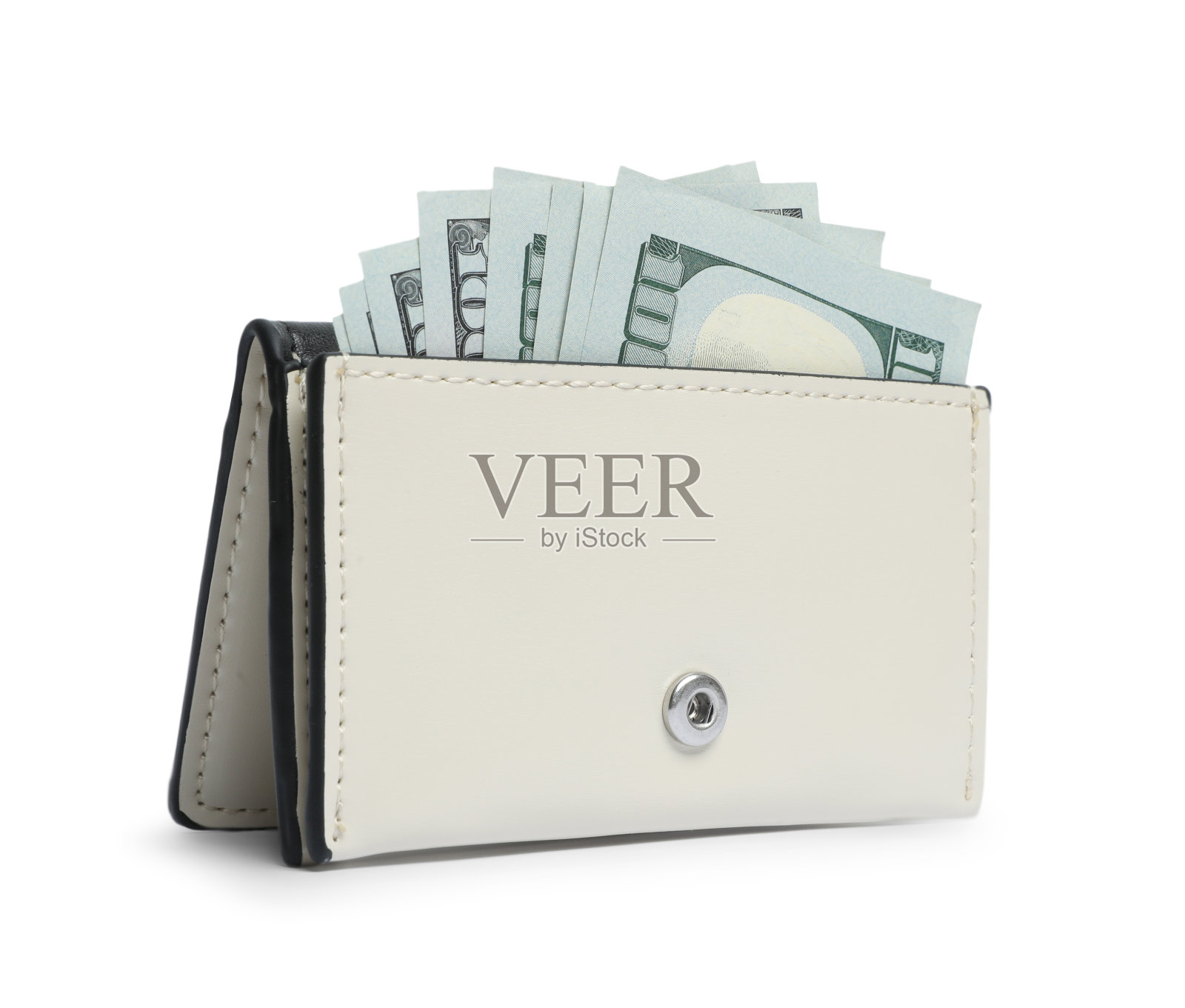 时尚的皮革钱包与美元钞票在白色的背景照片摄影图片