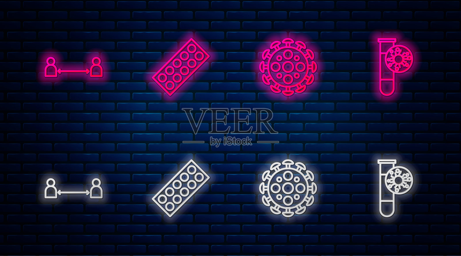 在泡罩包装、病毒、安全距离和装有病毒的试管中设置线丸。砖墙上发光的霓虹灯图标。向量插画图片素材