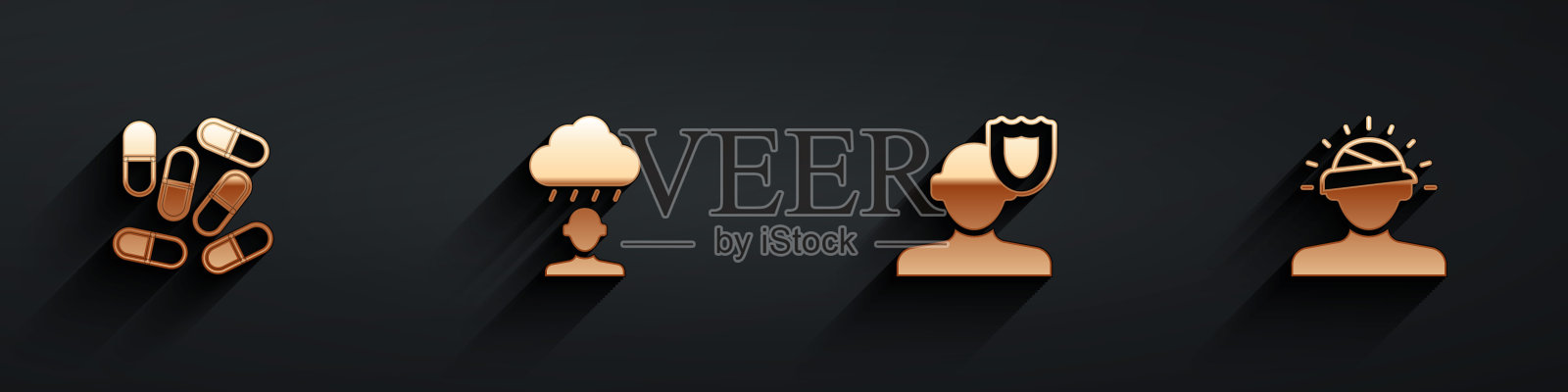 集药片或片剂，抑郁和挫折，心理和脑震荡，头痛与长阴影图标。向量插画图片素材