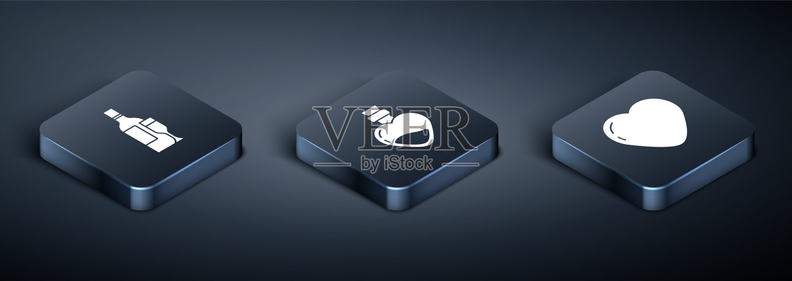 集等距香槟瓶，心脏和瓶子与爱情药水图标。向量插画图片素材