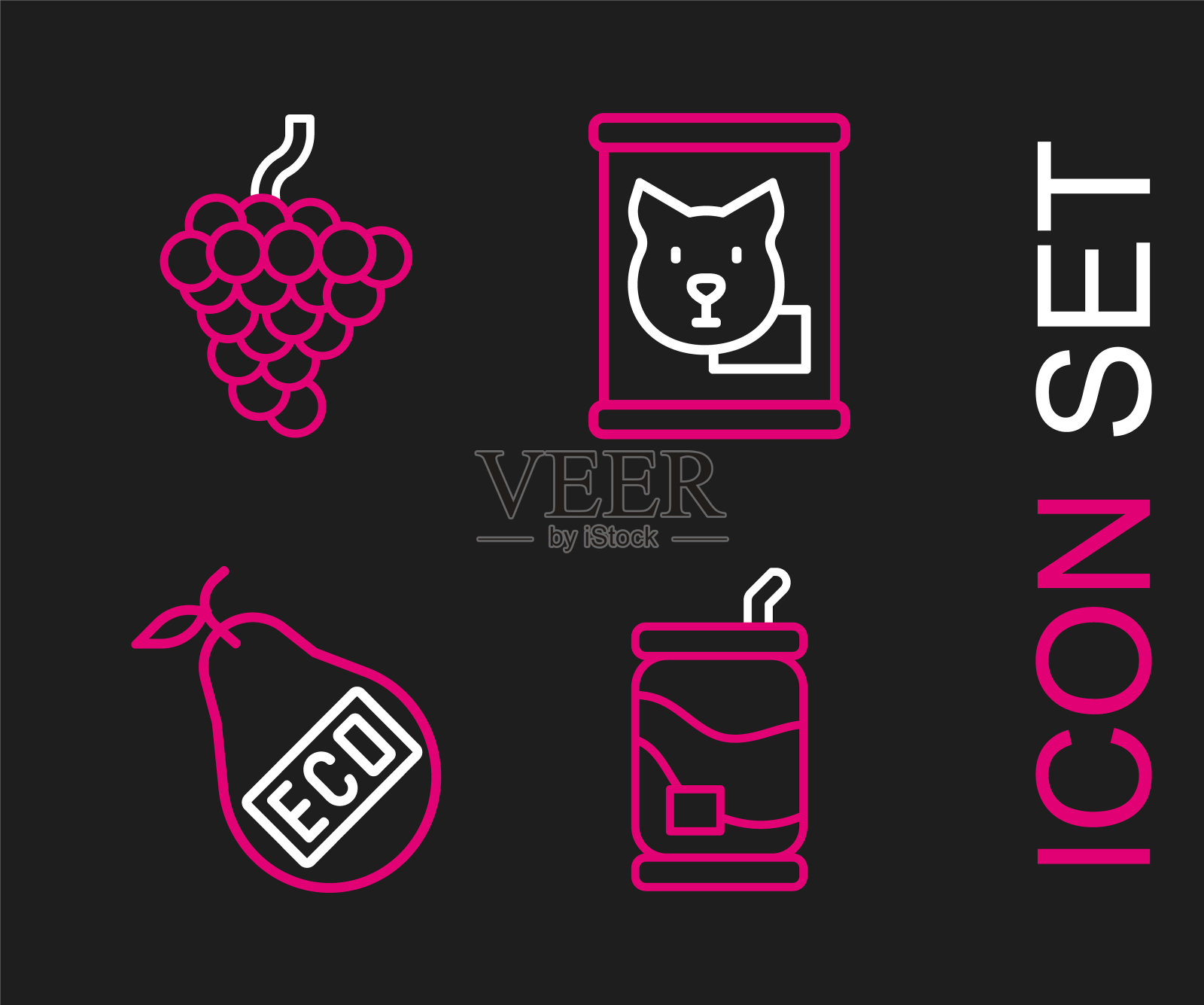 集汽水罐，健康有机梨，罐头食品和葡萄水果icon。向量插画图片素材