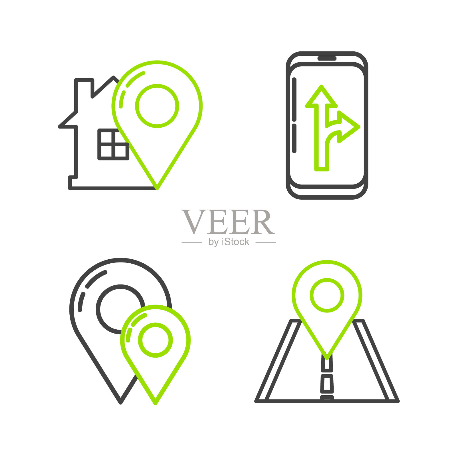 设置线道路交通标志，地图针，信息图的城市地图导航和指针与房屋图标。向量插画图片素材