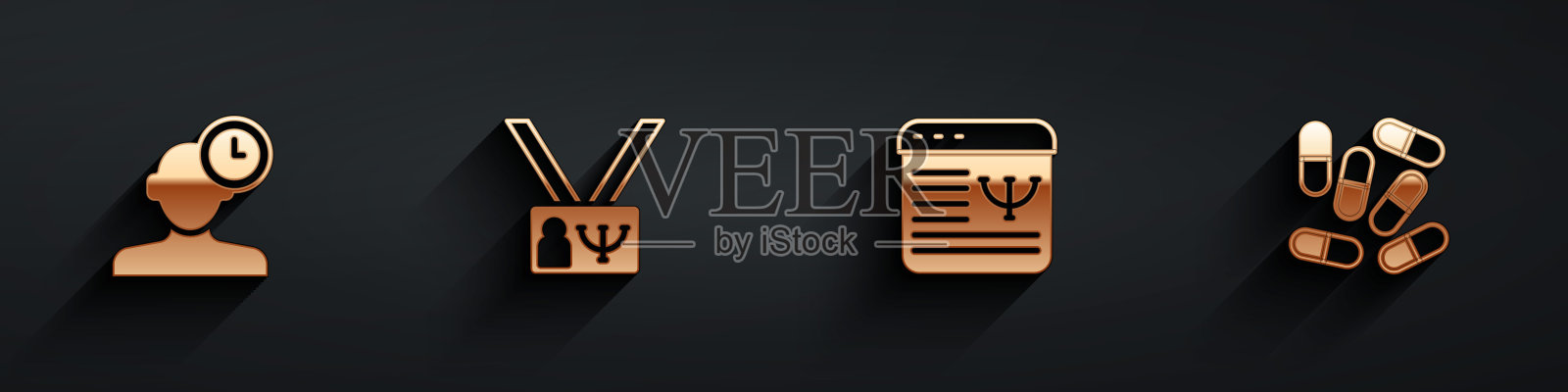 设置失眠，心理学，在线心理咨询和药物药丸或片剂图标长阴影。向量插画图片素材