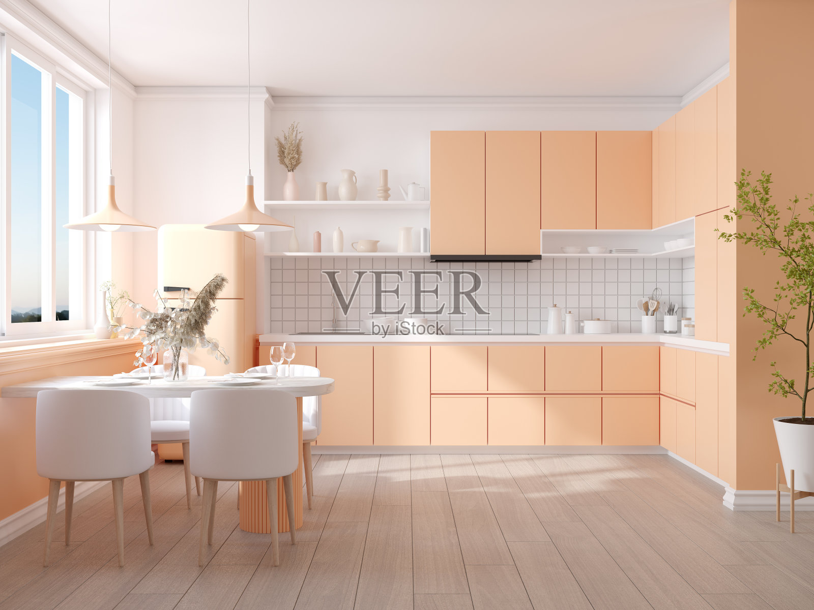 桃色绒毛房，现代简约厨房房室内，桃色漆墙。2024年度色彩，3d渲染照片摄影图片