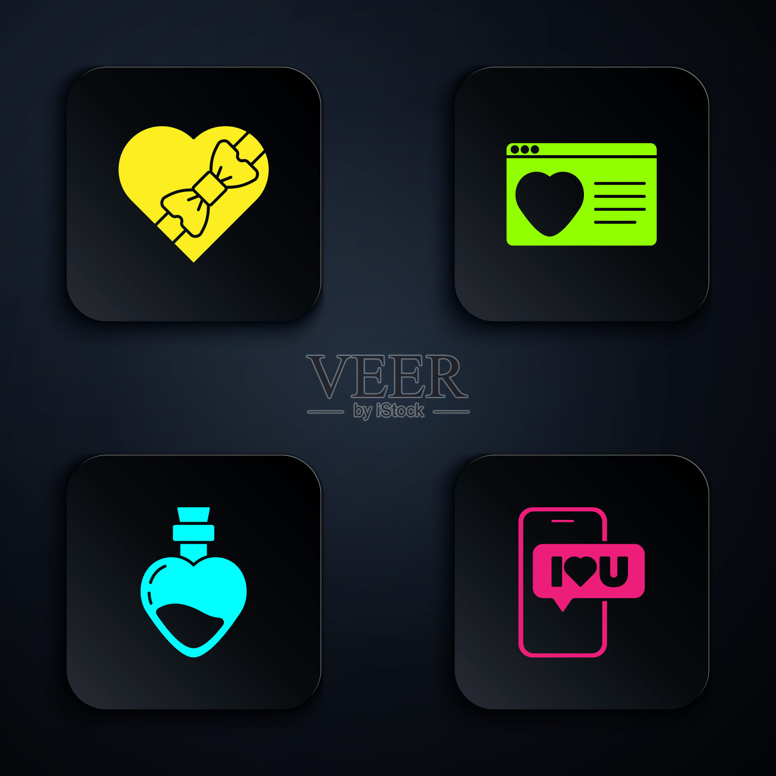 设置移动与心脏，糖果在形状的盒子，瓶子爱情药水和约会应用程序在线。黑色方形按钮。向量插画图片素材