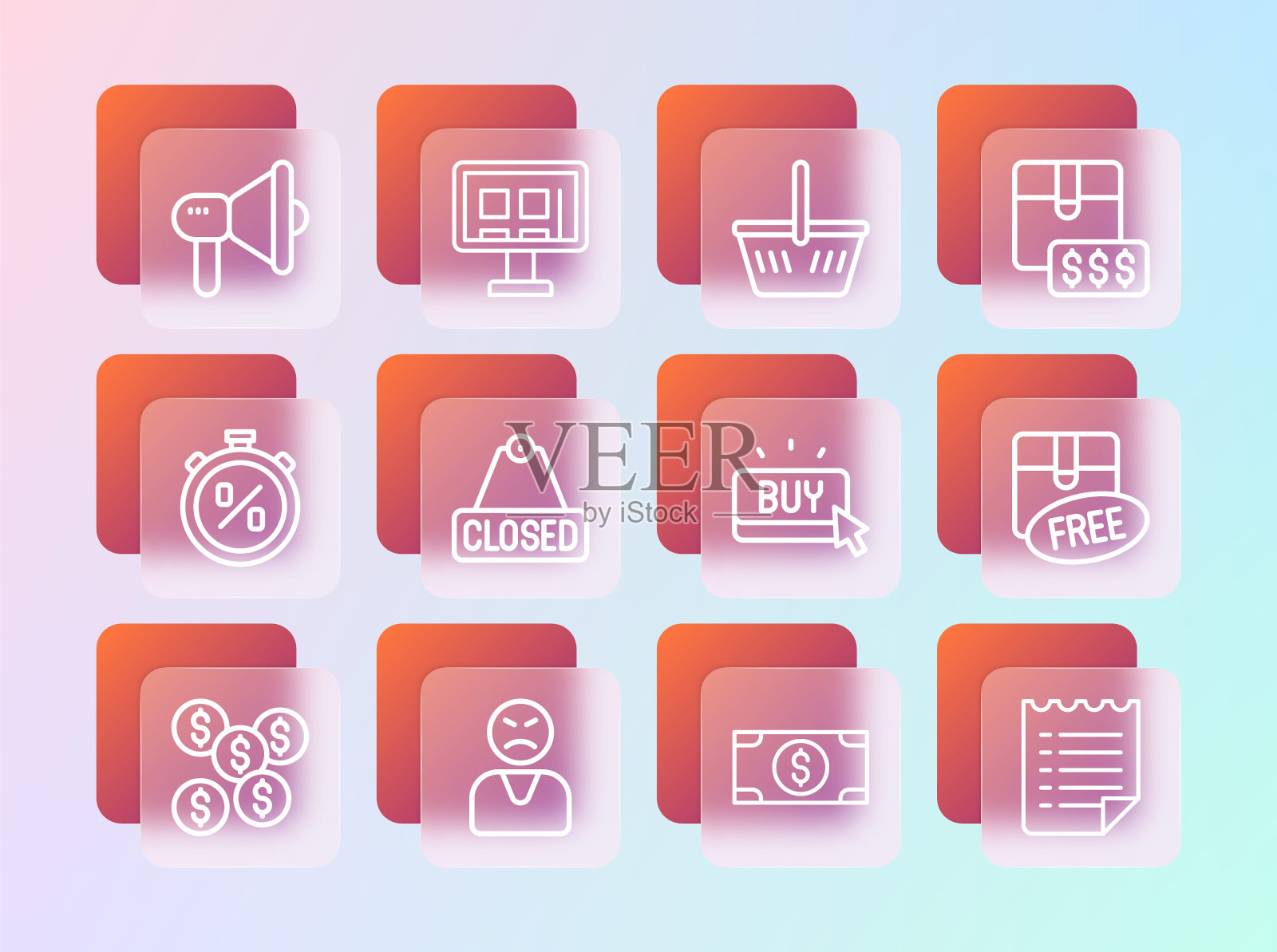 设置线项目价格标签与美元，愤怒的客户，购买按钮，堆栈纸币现金，悬挂标志文字关闭，购物篮，扩音器和网上购物屏幕图标。向量插画图片素材