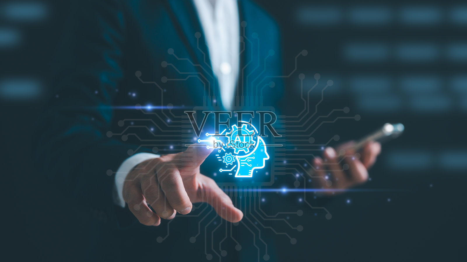 人工智能AI技术与数字化转型理念，双手触摸AI图标照片摄影图片