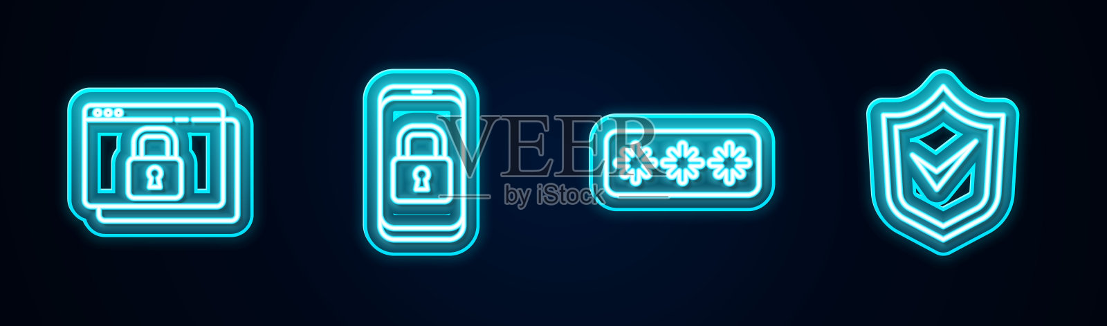 设置行安全您的网站与HTTPS, SSL，移动封闭挂锁，密码保护和屏蔽检查标记。发光的霓虹灯图标。向量插画图片素材