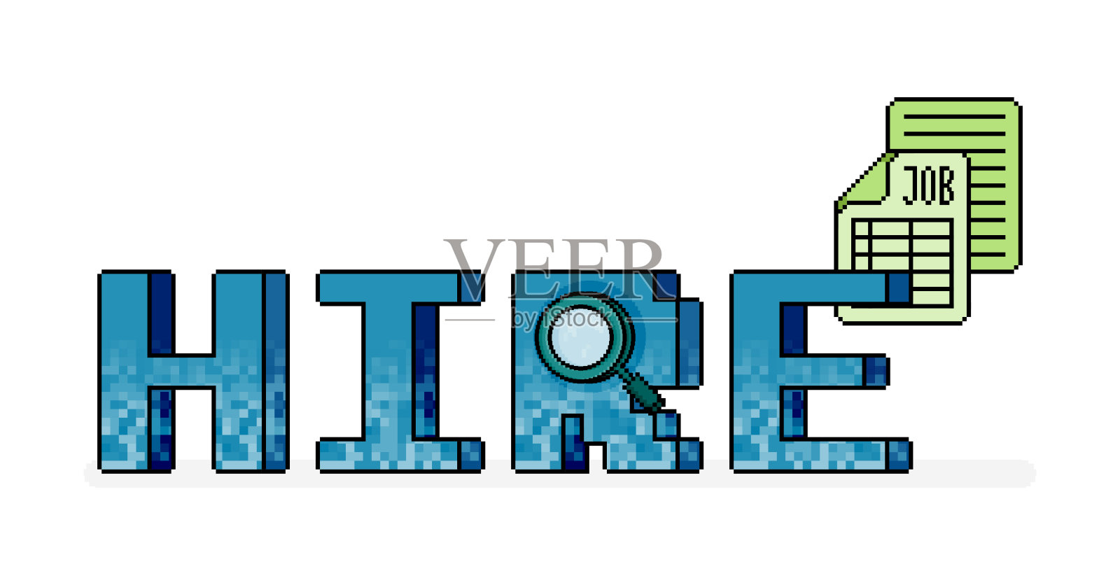 用放大镜和一堆求职者的像素线艺术插图3d单词HIRE。比喻招聘和职位空缺。可用于广告，网站，网页，传单，小册子，广告插画图片素材