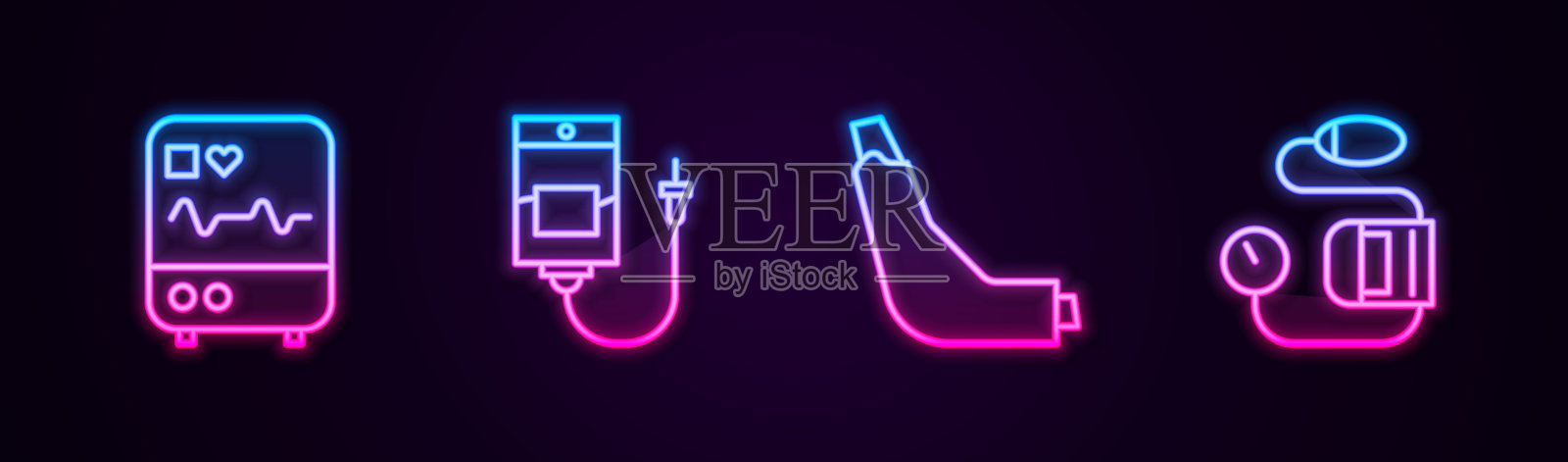 设置监护仪，包括心电图、静脉输液袋、吸入器和血压。发光的霓虹灯图标。向量插画图片素材