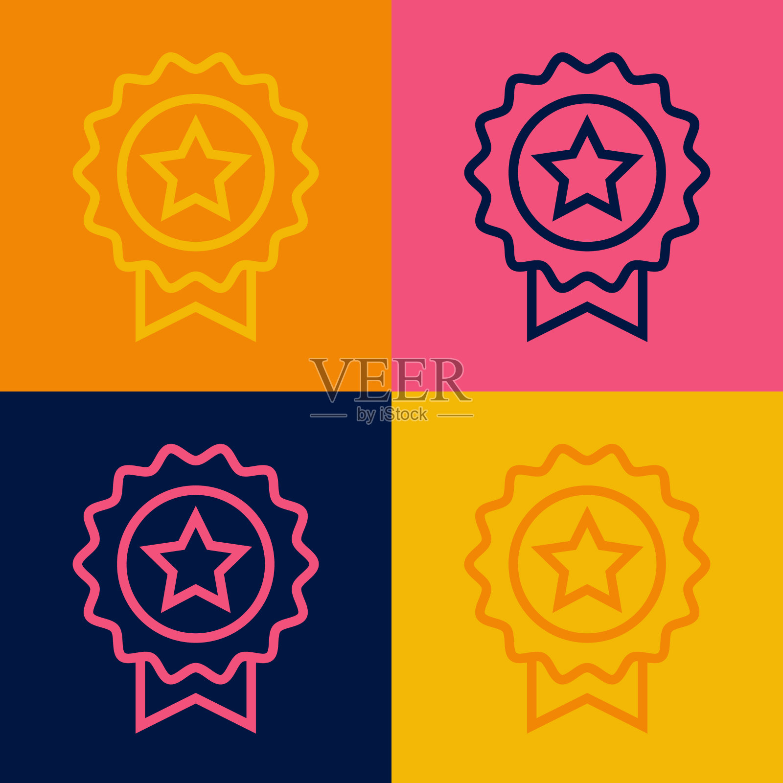 波普艺术线奖章与明星图标孤立的彩色背景。赢家成就标志。奖奖章。向量插画图片素材