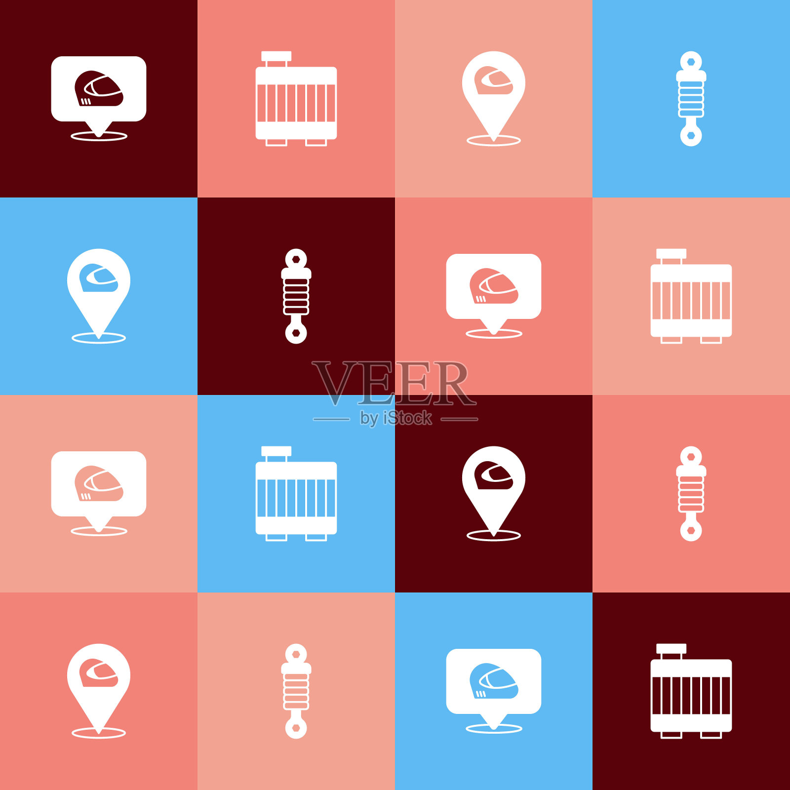 集流行艺术赛车头盔，汽车散热器冷却系统，和减震器图标。向量插画图片素材