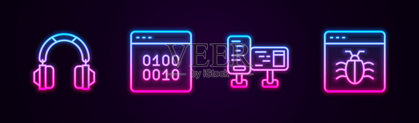 设置线耳机，二进制代码，计算机显示器屏幕和系统错误。发光的霓虹灯图标。向量插画图片素材