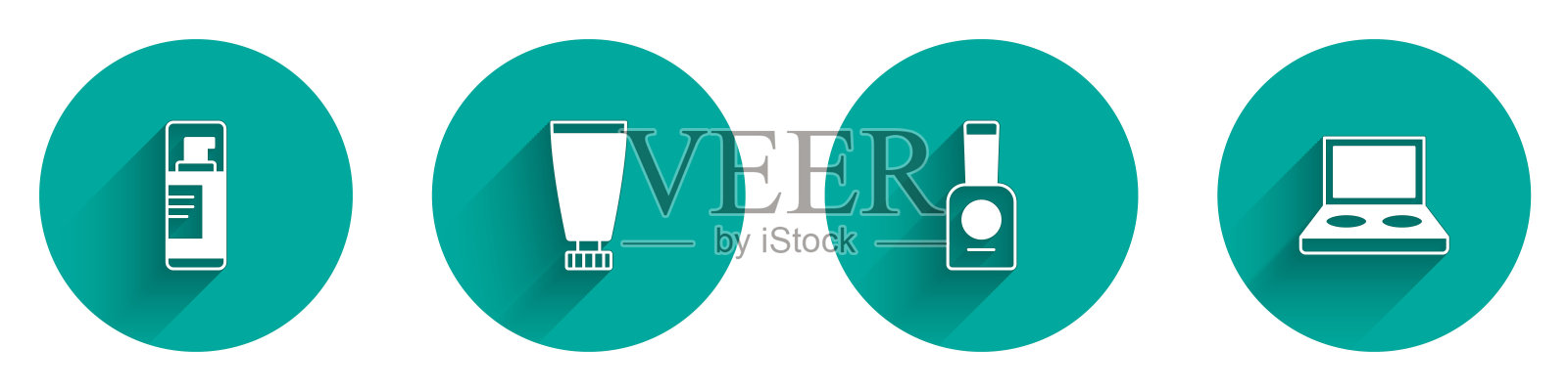 集剃须啫喱泡沫，面霜或乳液化妆品管，瓶指甲油和眼影调色板刷图标与长阴影。向量插画图片素材