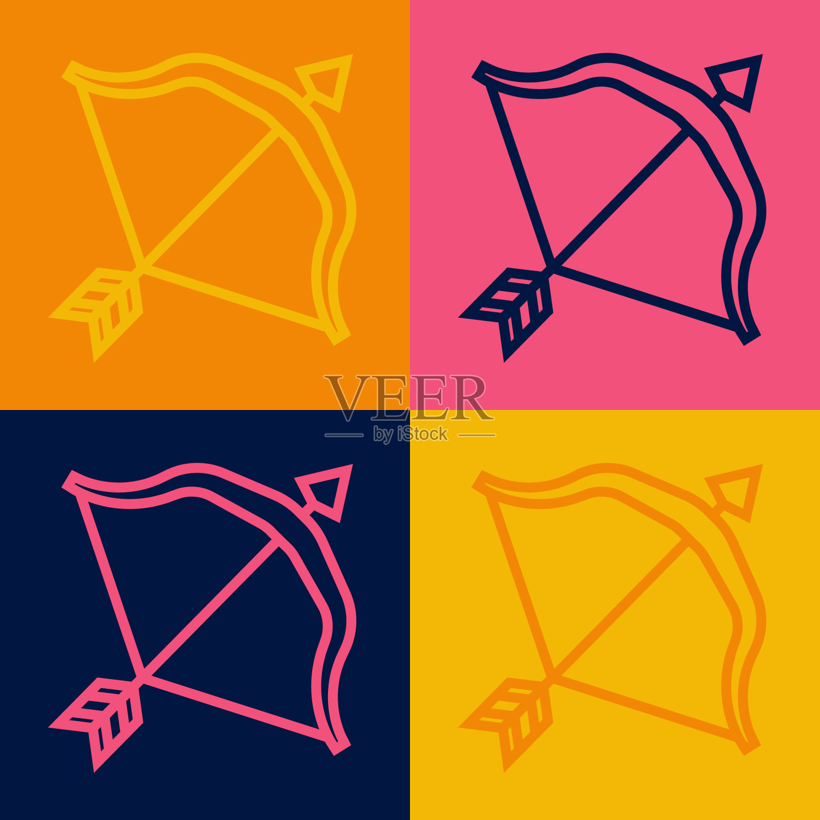 波普艺术线中世纪弓箭图标孤立的颜色背景。中世纪的武器。向量插画图片素材