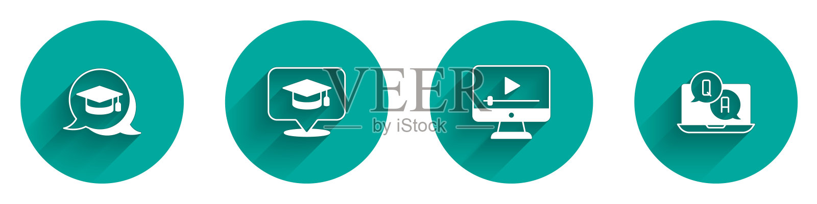 在语音气泡中设置毕业帽，在线播放视频和长影问答图标。向量插画图片素材