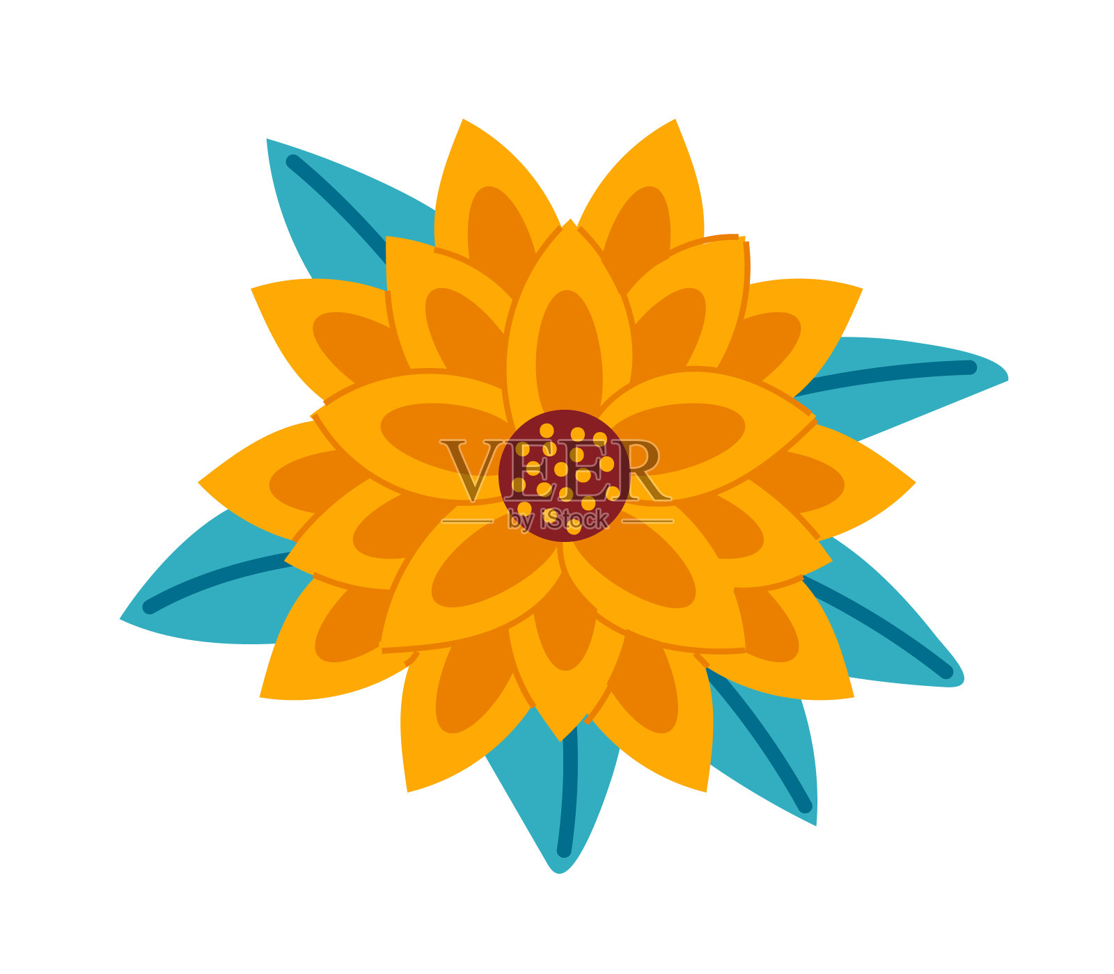 明亮的黄色花朵配上橙色的色调和蓝色的叶子，简单的平面设计。花卉装饰元素，春夏盛开矢量插图插画图片素材