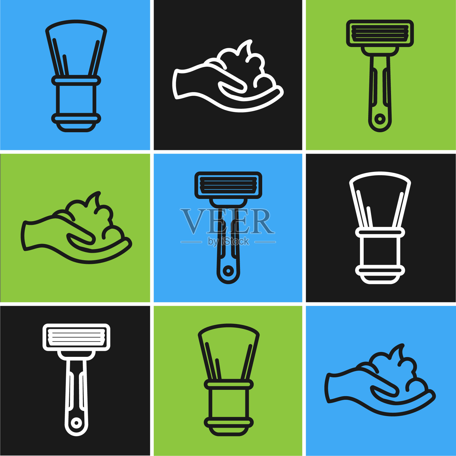 设置线剃须刷，剃须刀和剃须啫喱泡沫在手图标。向量插画图片素材