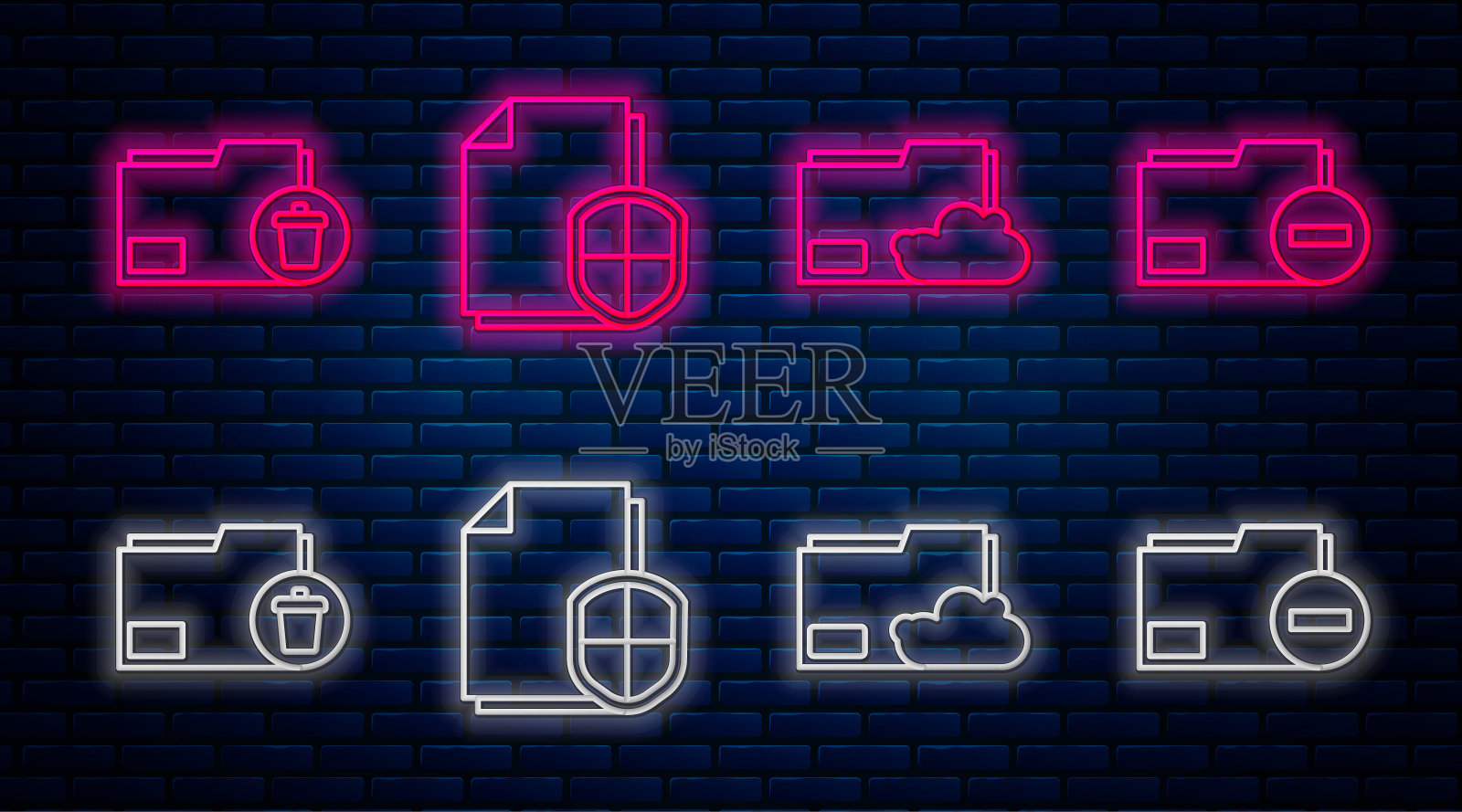 设置行文档保护概念，云存储文本文档文件夹，删除文件夹和带减号的文档文件夹。砖墙上发光的霓虹灯图标。向量插画图片素材