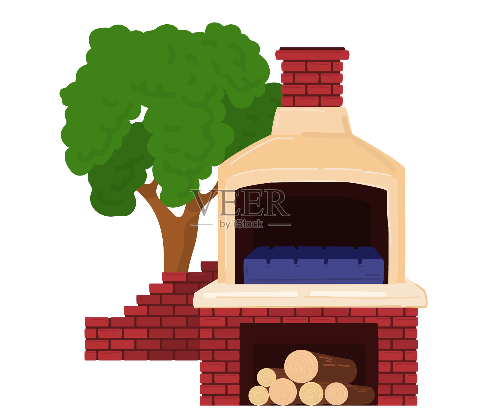 户外砖披萨烤箱与烟囱和木材储存下面。背景中的树。花园烹饪和自制美食矢量插图插画图片素材