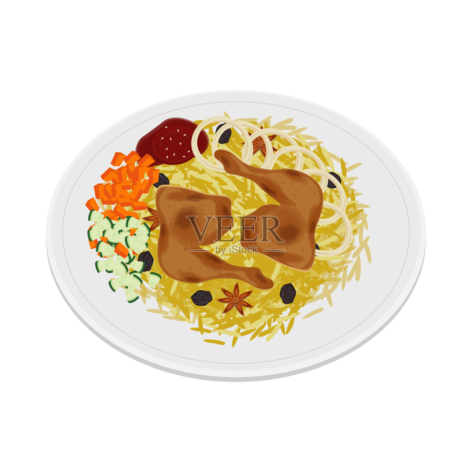 美味的烤鸡饭或印度烤鸡饭配炸鸡插画图片素材