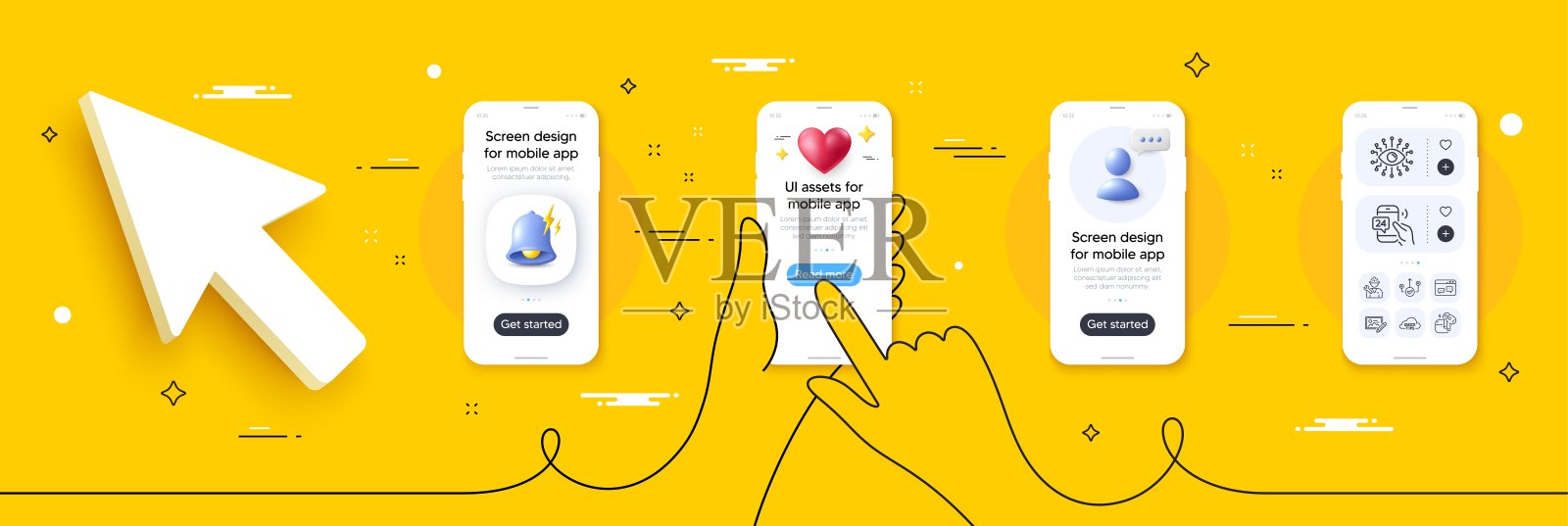 24小时服务，快速提示和耳机线路图标包。用于web应用程序。手机屏幕模型。向量插画图片素材