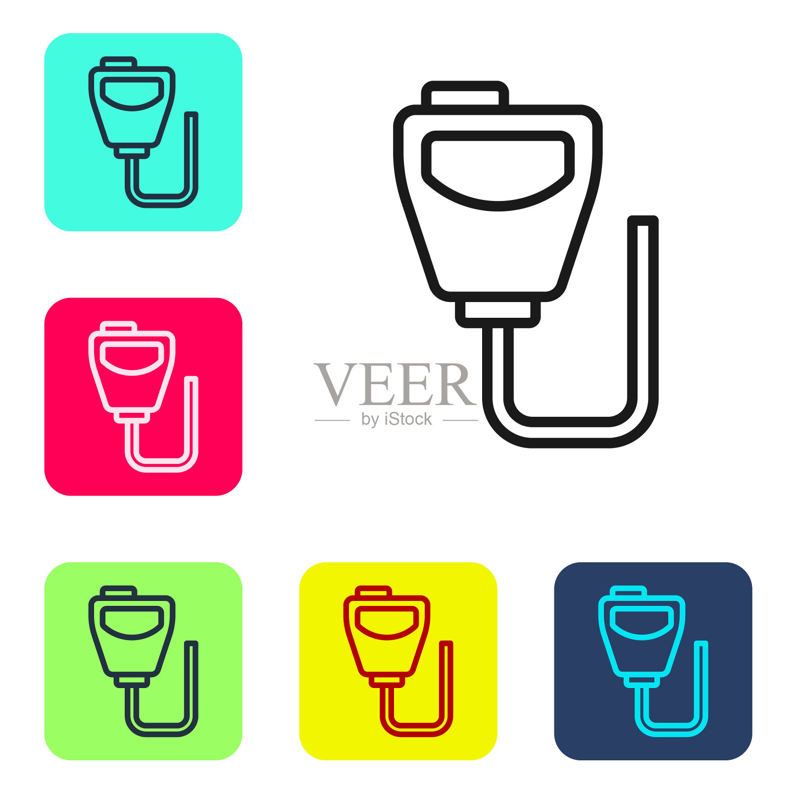 黑线对讲机图标隔离在白色背景。便携式无线电发射机图标。无线电收发信号。设置图标为彩色方形按钮。向量插画图片素材