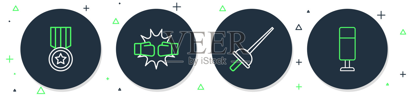 设置线拳击手套，击剑，奖牌和沙袋图标。向量插画图片素材