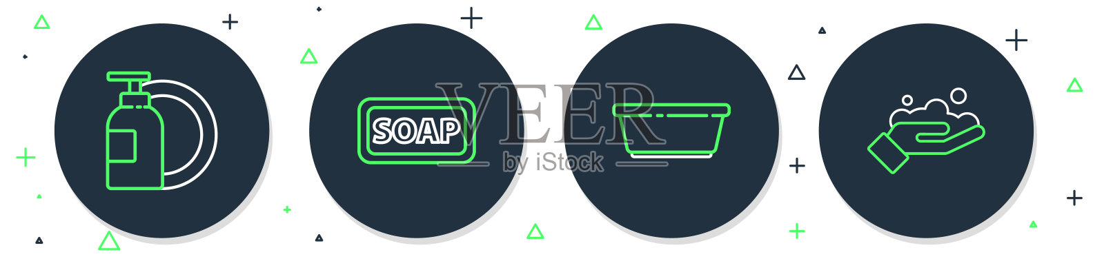 设置肥皂条、塑料盆、洗洁精瓶盘及洗手图标。向量插画图片素材
