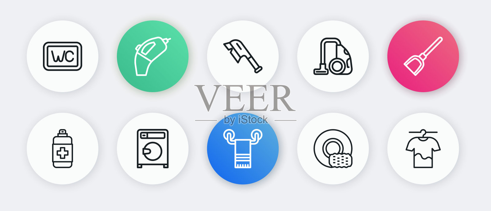 集线毛巾衣架，簸箕，抗菌皂，洗碗，吸尘器，刷清洁，干衣服和洗衣机图标。向量插画图片素材