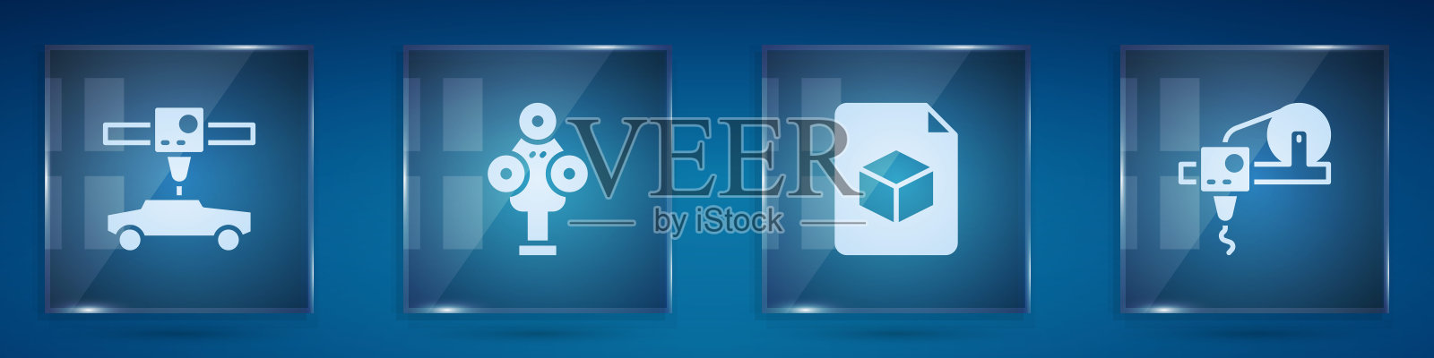 设置3D打印机小车，扫描仪，等距立方体文件和。方形玻璃板。向量插画图片素材