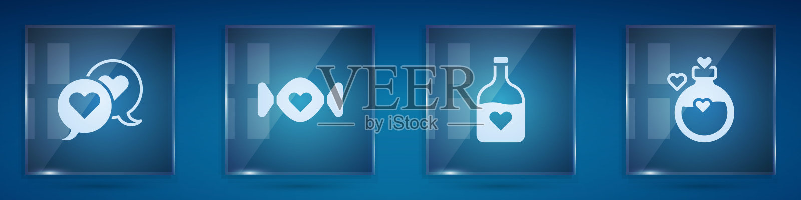 心在演讲泡沫，糖果，瓶子与爱情药水和。方形玻璃板。向量插画图片素材