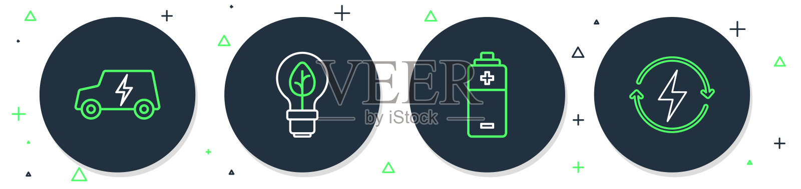 设置线路灯泡叶片，电池，电动汽车和充电图标。向量插画图片素材