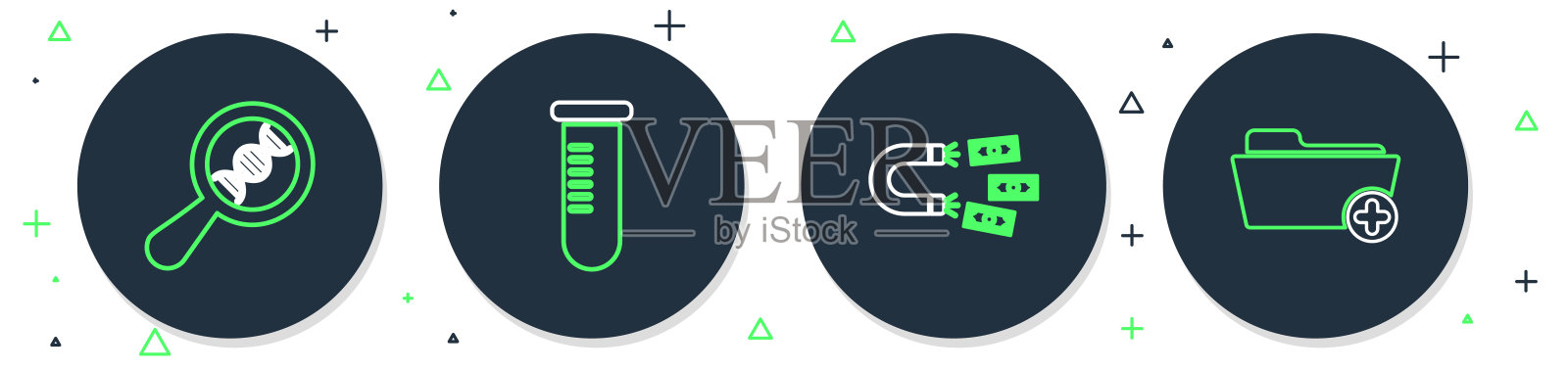 设置线试管或烧瓶，磁铁与钱，DNA研究，搜索和健康记录文件夹图标。向量插画图片素材