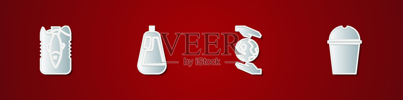 设置停止海洋塑料污染，洗洁精瓶，手持地球仪和纸玻璃水图标。向量插画图片素材