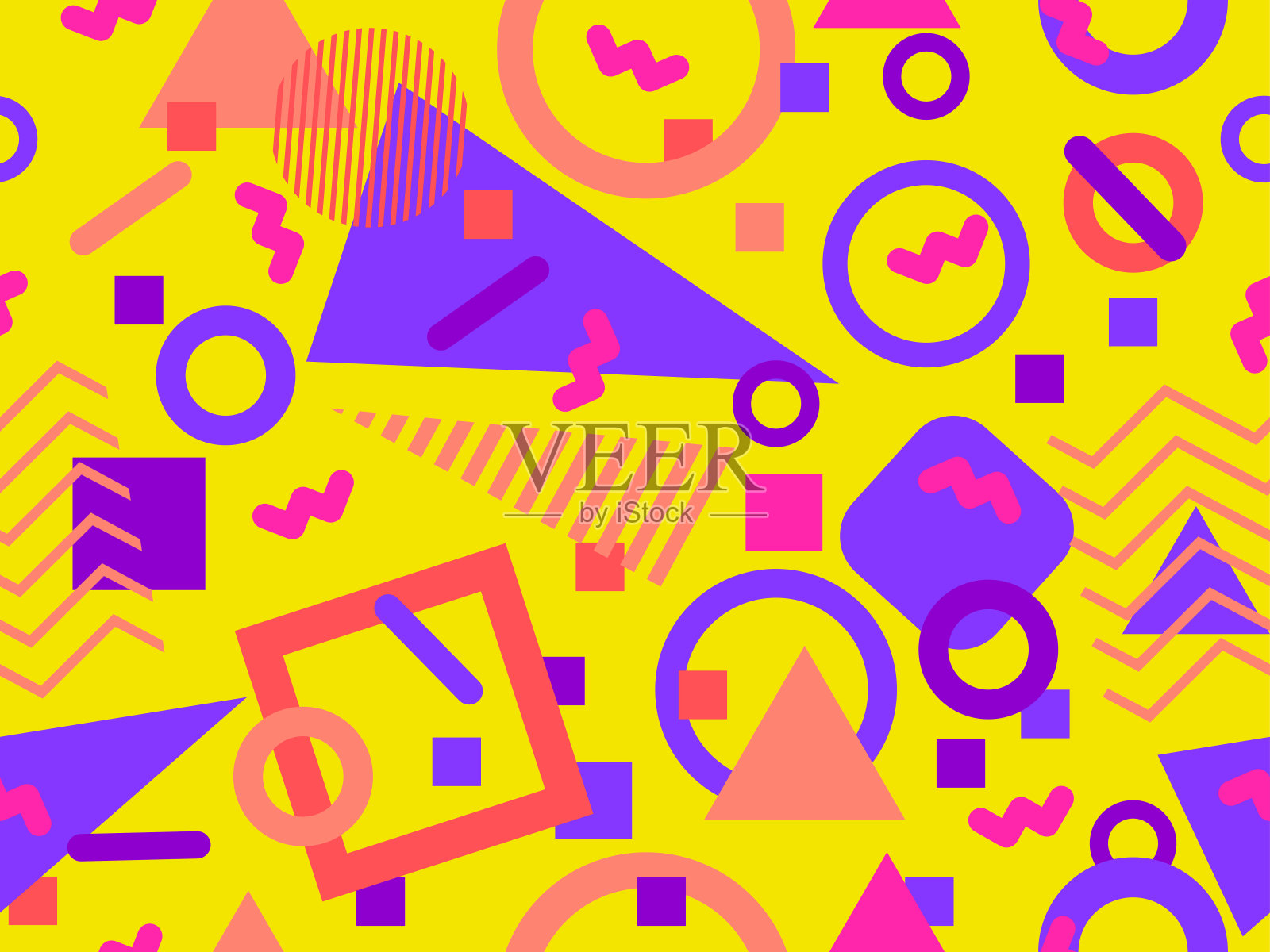 80年代无缝图案与几何形状。圆和三角形。彩色的抽象背景印刷上的促销项目，横幅和包装纸。矢量图插画图片素材