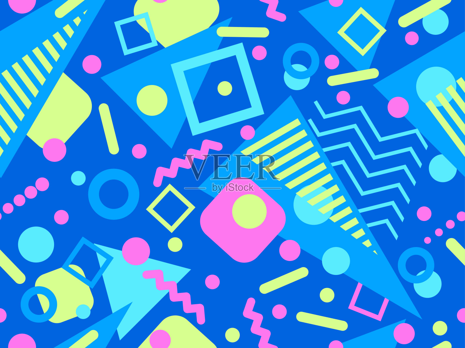 80年代无缝图案与几何形状。圆和三角形。彩色的抽象背景印刷上的促销项目，横幅和包装纸。矢量图插画图片素材