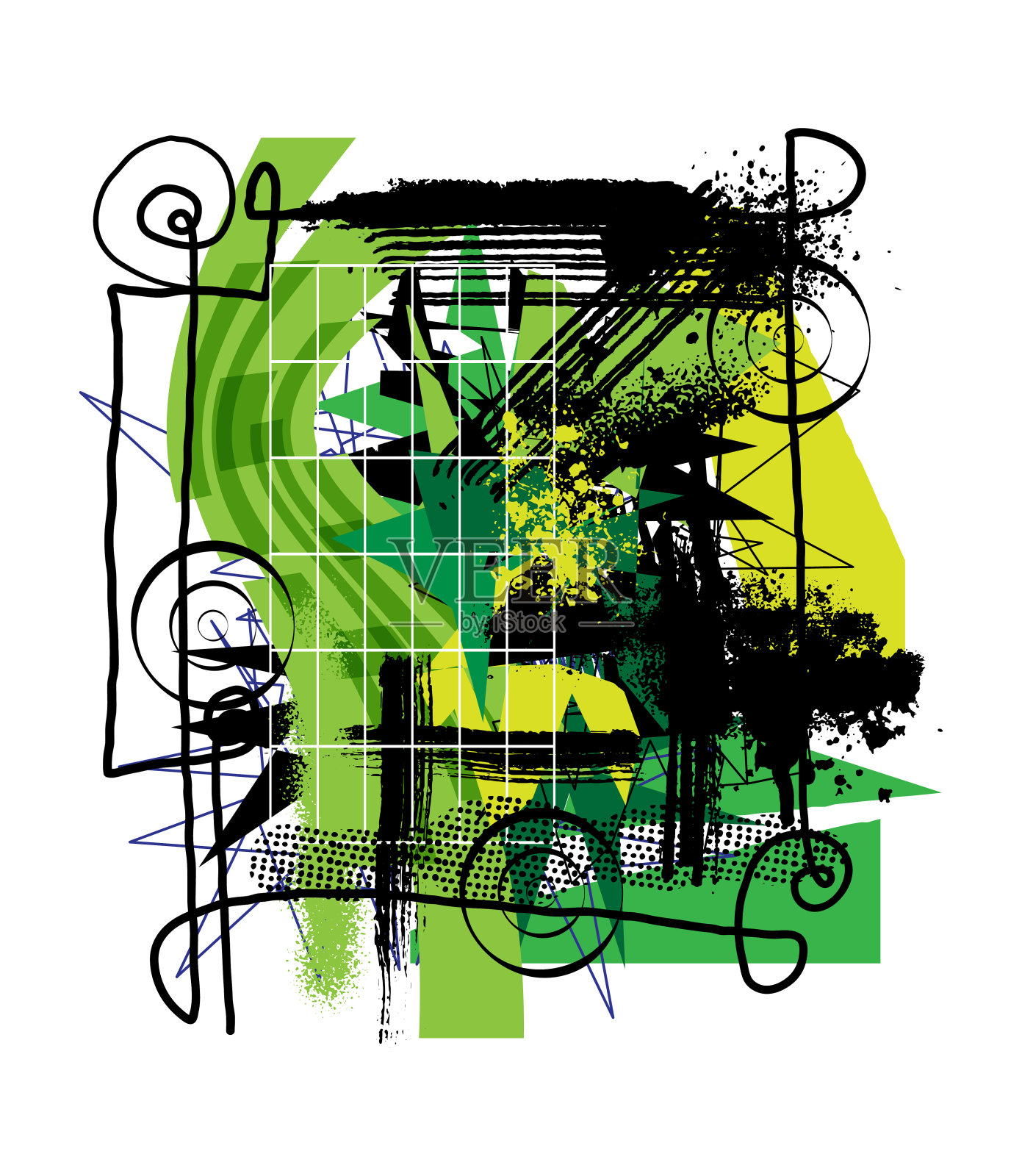 绿色几何碎片抽象艺术与grunge涂鸦喷绘颗粒，网格和条纹线，画笔，墨渍和污迹。商业和技术概念设计。插画图片素材