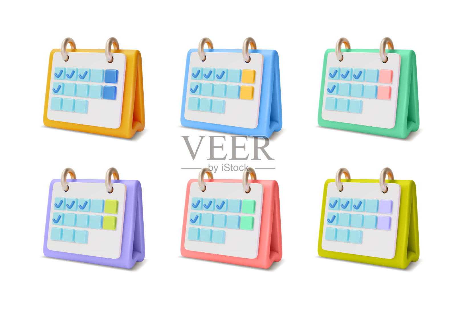 3d不同颜色的日历检查标记日期提醒集卡通风格。向量插画图片素材