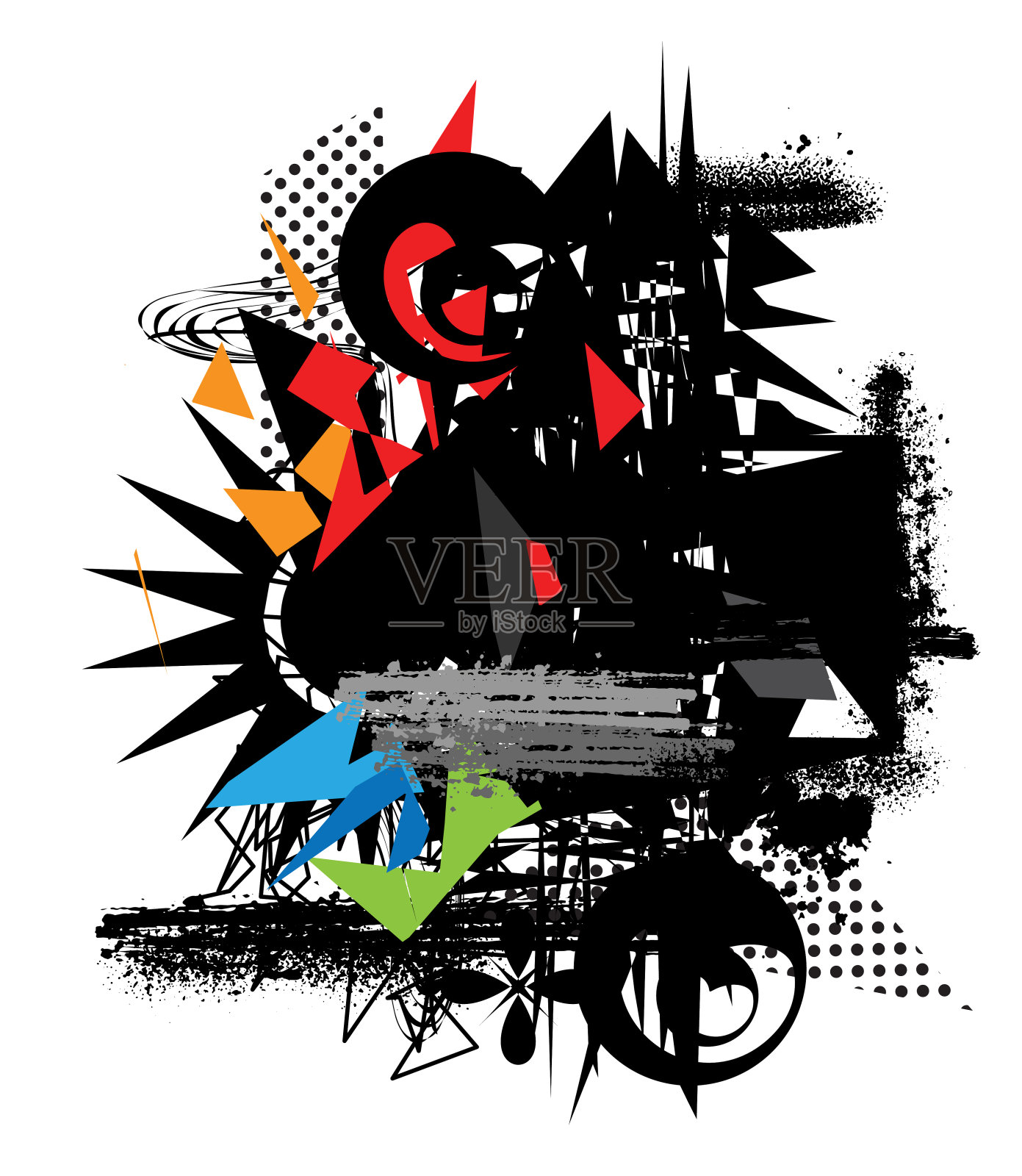 抽象grunge艺术与涂鸦喷漆颗粒，几何碎片，墨渍，污迹，画笔笔触，漩涡形状，圆点插画图片素材